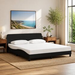 Queen Bed Frame with Padded Headboard in Black Fabric