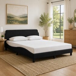 Queen Bed Frame with Velvet Headboard and Plywood Slats
