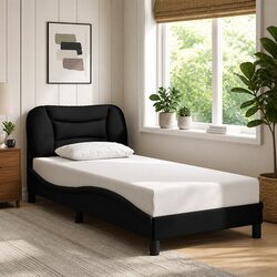 Modern Black Fabric Bed Frame 90x190 cm with Cushioned Headboard