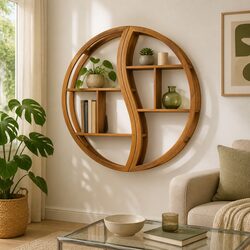 Yin Yang Wall Shelf in Solid Teak Wood for Storage