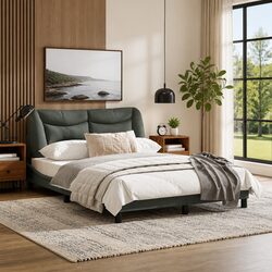 Double Bed Frame with Padded Headboard, Grey Fabric 137x190cm