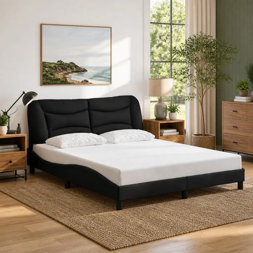 Queen Bed Frame with Cushioned Headboard Plywood Slats 152x203cm Black
