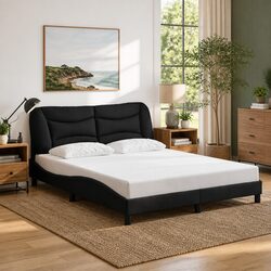 Queen Bed Frame with Plywood Slats and Fabric Headboard Black 152x203cm