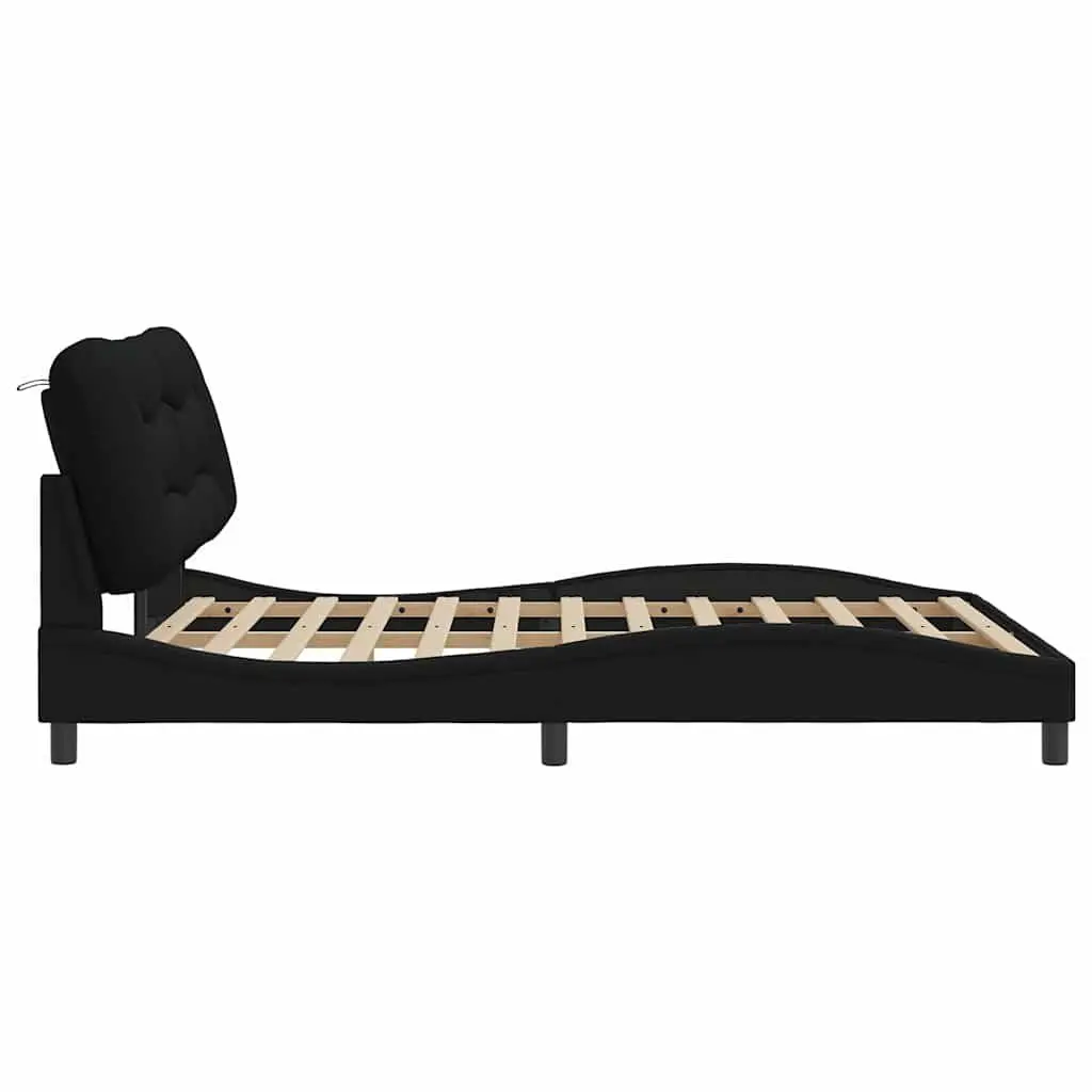 Queen Bed Frame with Cushioned Headboard Plywood Slats 152x203cm Black