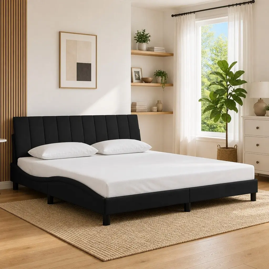 King Bed Frame Velvet Black Slatted Base 180x200 cm Soft Upholstered Headboard