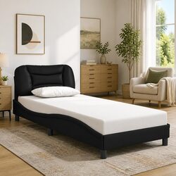 90x190 cm Bed Frame with Black Faux Leather Headboard