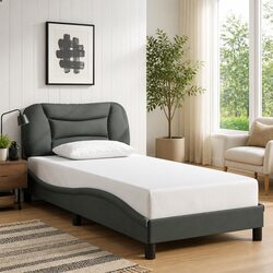 Modern Grey Fabric Bed Frame with Cushioned Headboard