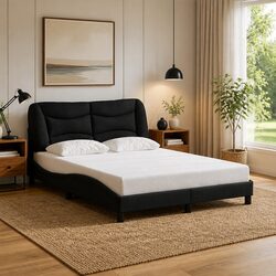 Double Bed Frame with Headboard in Black Fabric, 137x190cm