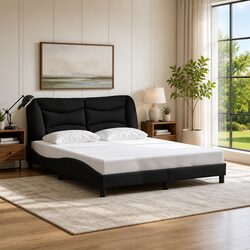 Black Fabric Queen Bed Frame with Plywood Slats