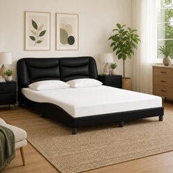 Queen Bed Frame with Padded Headboard in Black Faux Leather