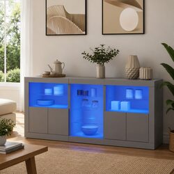 RGB LED White Sideboard Cabinet with Storage 162x37x67cm