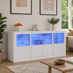 White Sideboard with RGB LED Lights and Storage 142.5x37x67cm