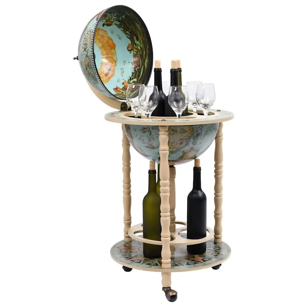 Mobile Globe Bar Stand with Wheels for Easy Storage and Display of Wine Bottles and Glasses in Blue Solid Wood