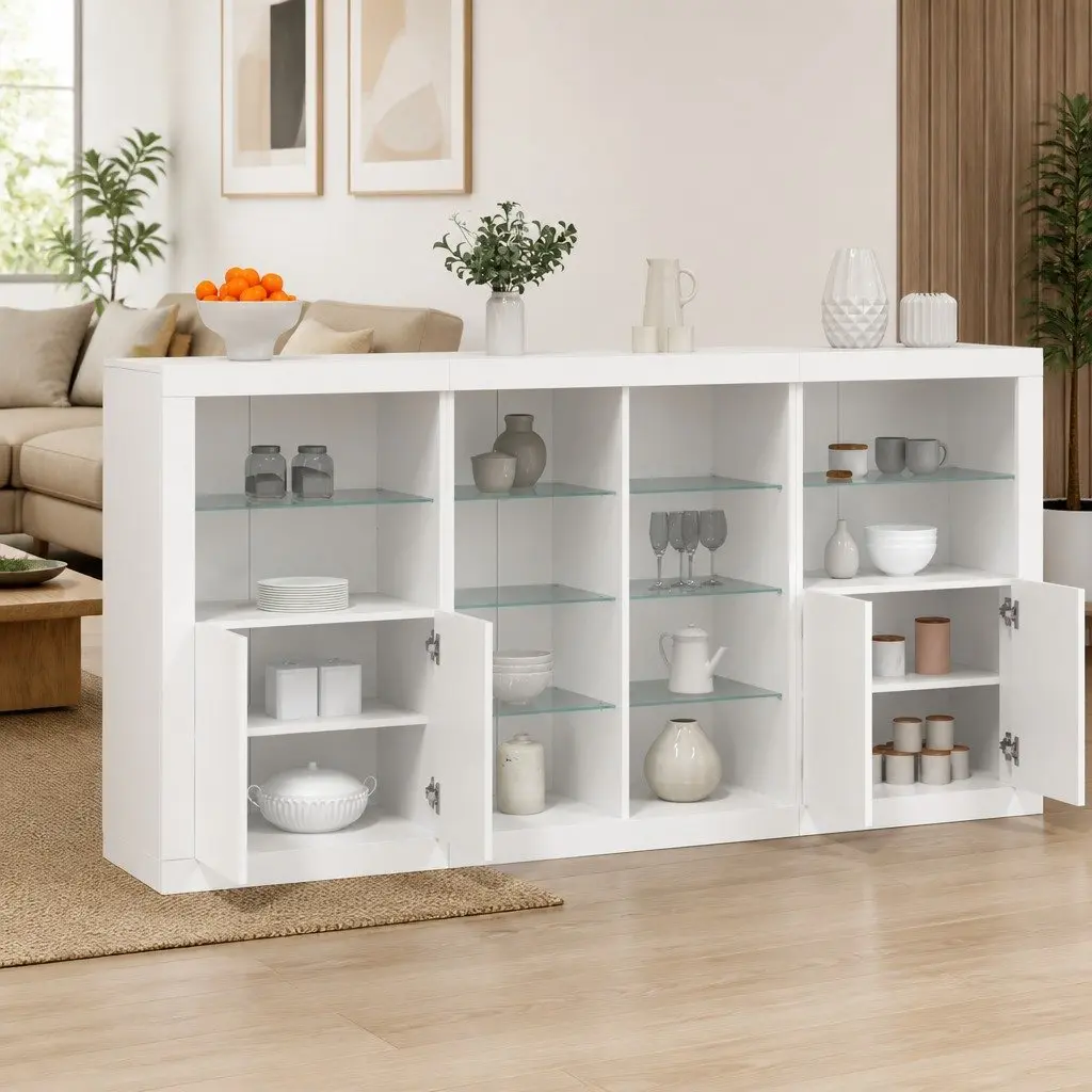 Sideboard Cabinet with RGB LED Lights Modern White 202cm x 37cm x 100cm