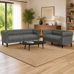 2 Piece Sofa Set in Grey Fabric with Wooden Legs