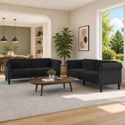 Black Velvet 2-Piece Sofa Set with Modern Design