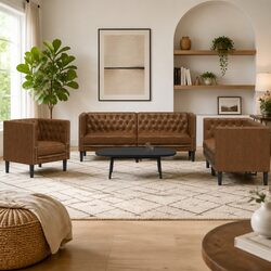 Brown Faux Suede Chesterfield Sofa Set, 3 Pieces