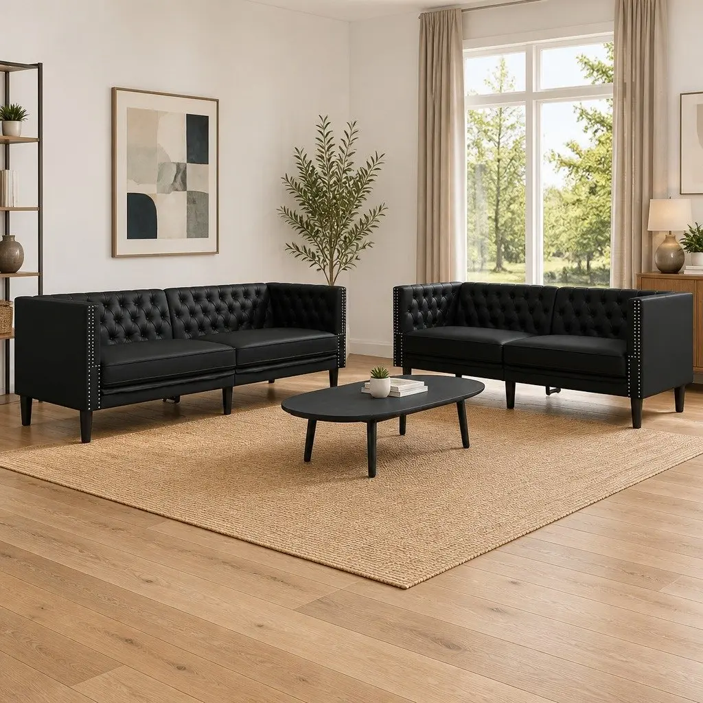 2 Piece Chesterfield Sofa Set Black Faux Leather Button Tufted Living Room