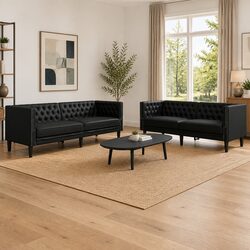 2 Piece Chesterfield Sofa Set - Black Faux Leather