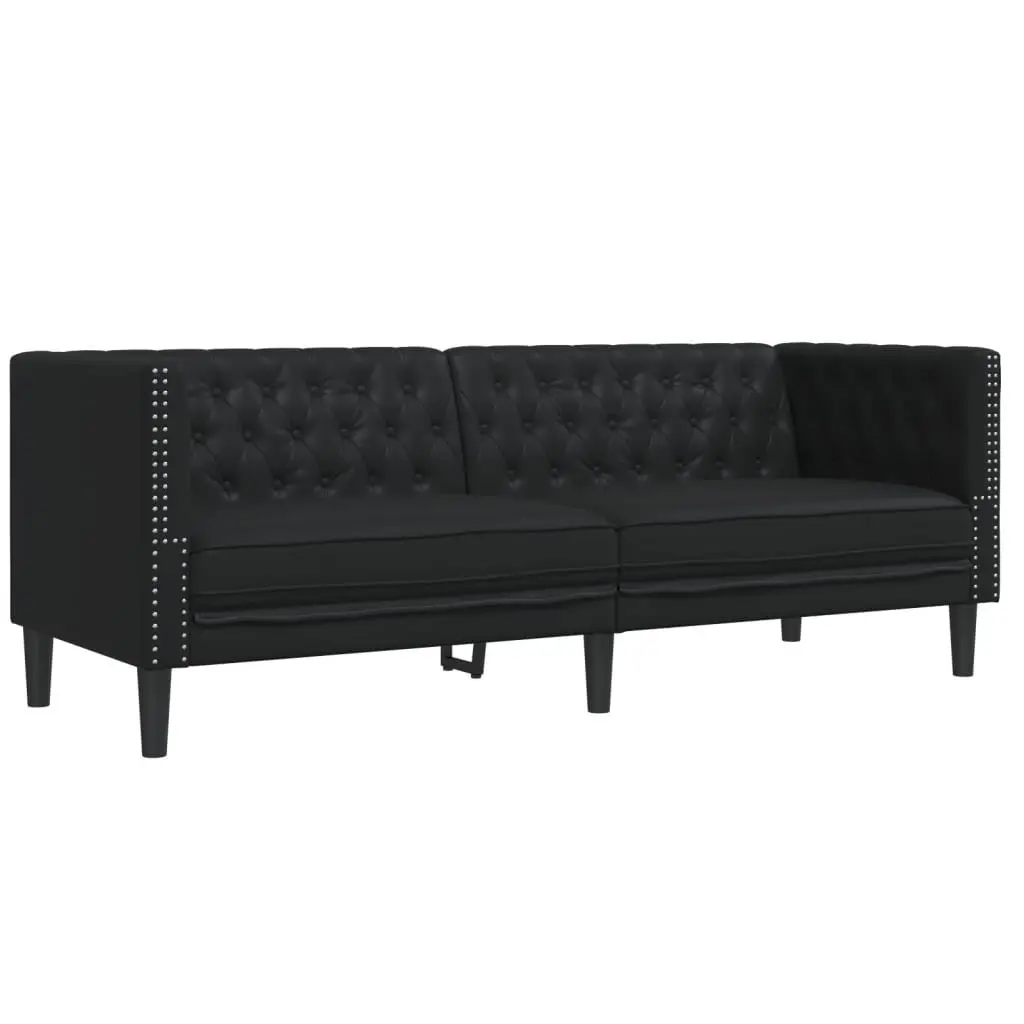 2 Piece Chesterfield Sofa Set Black Faux Leather Button Tufted Living Room