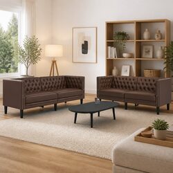 2 Piece Brown Chesterfield Sofa Set with Button Tufting