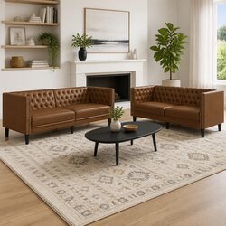 2 Piece Chesterfield Sofa Set in Brown Faux Suede