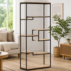 80x30x180 cm Rough Mango Wood Bookcase with Iron Frame