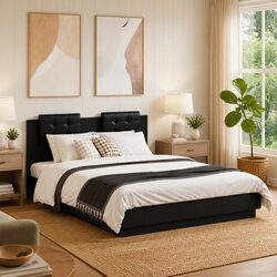 Black Bed Frame with Headboard 135x190 cm Engineered Wood
