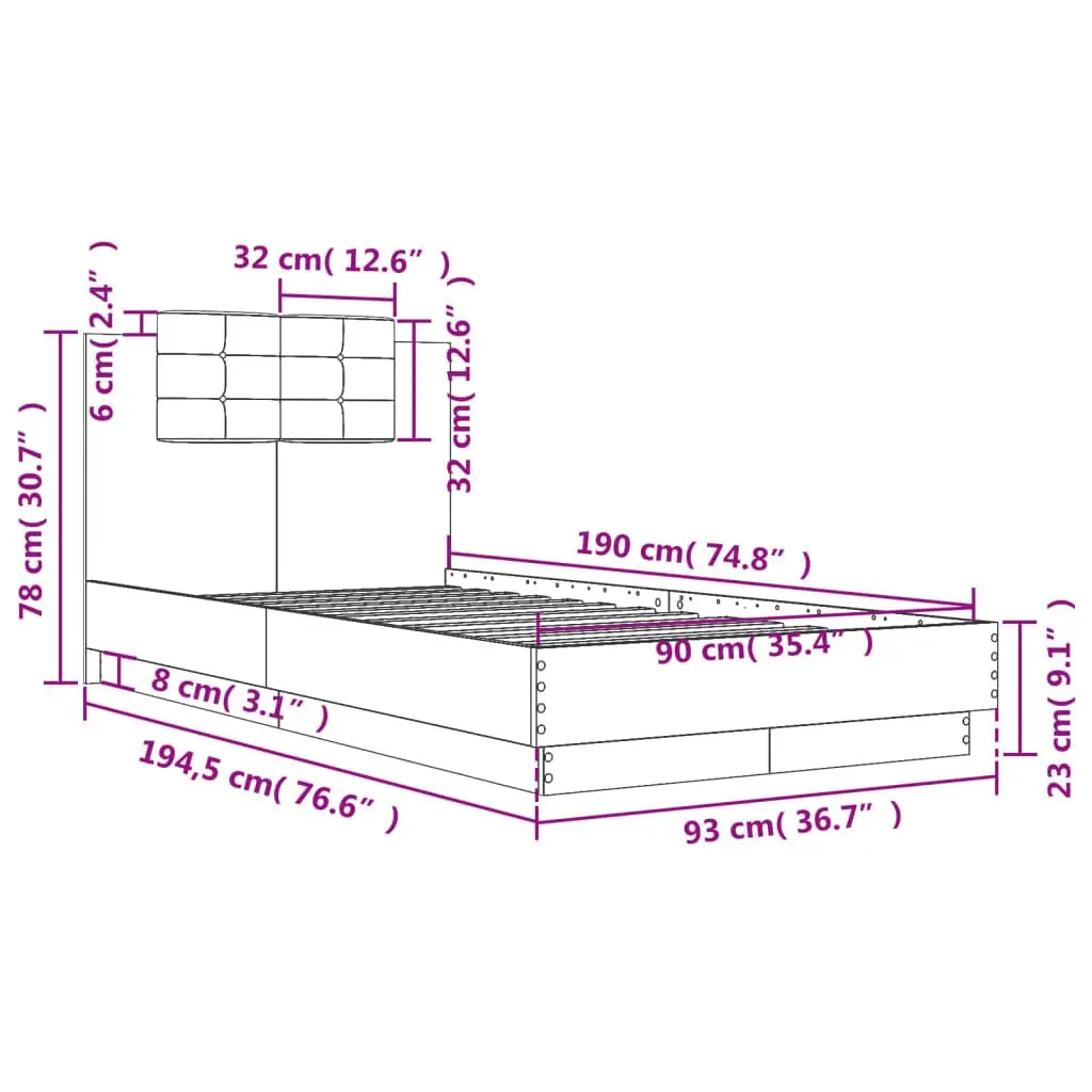Bed Frame with Headboard Comfort 90x190 cm Brown Sonoma Oak Engineered Wood Slatted Base
