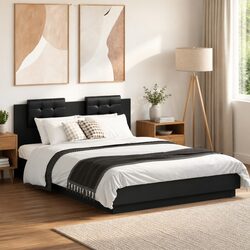 RGB LED Black Bed Frame with Integrated Headboard 150x200 cm