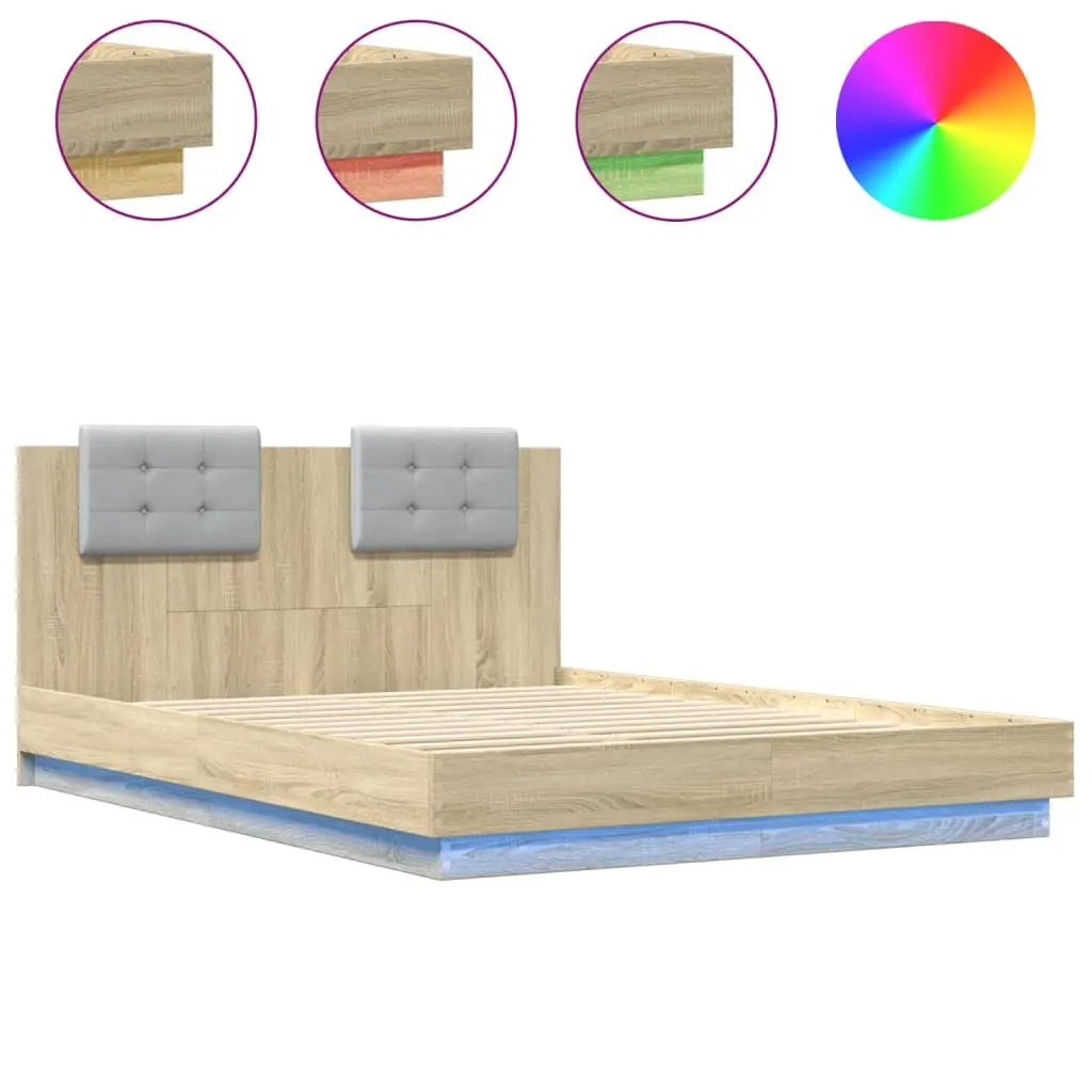 Engineered Wood Bed Frame Brown RGB LED Lights 150x200 cm with Headboard