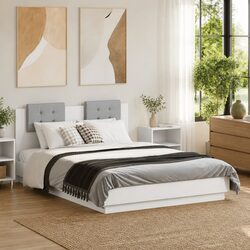 RGB LED White Bed Frame with Engineered Wood Headboard 135x190 cm