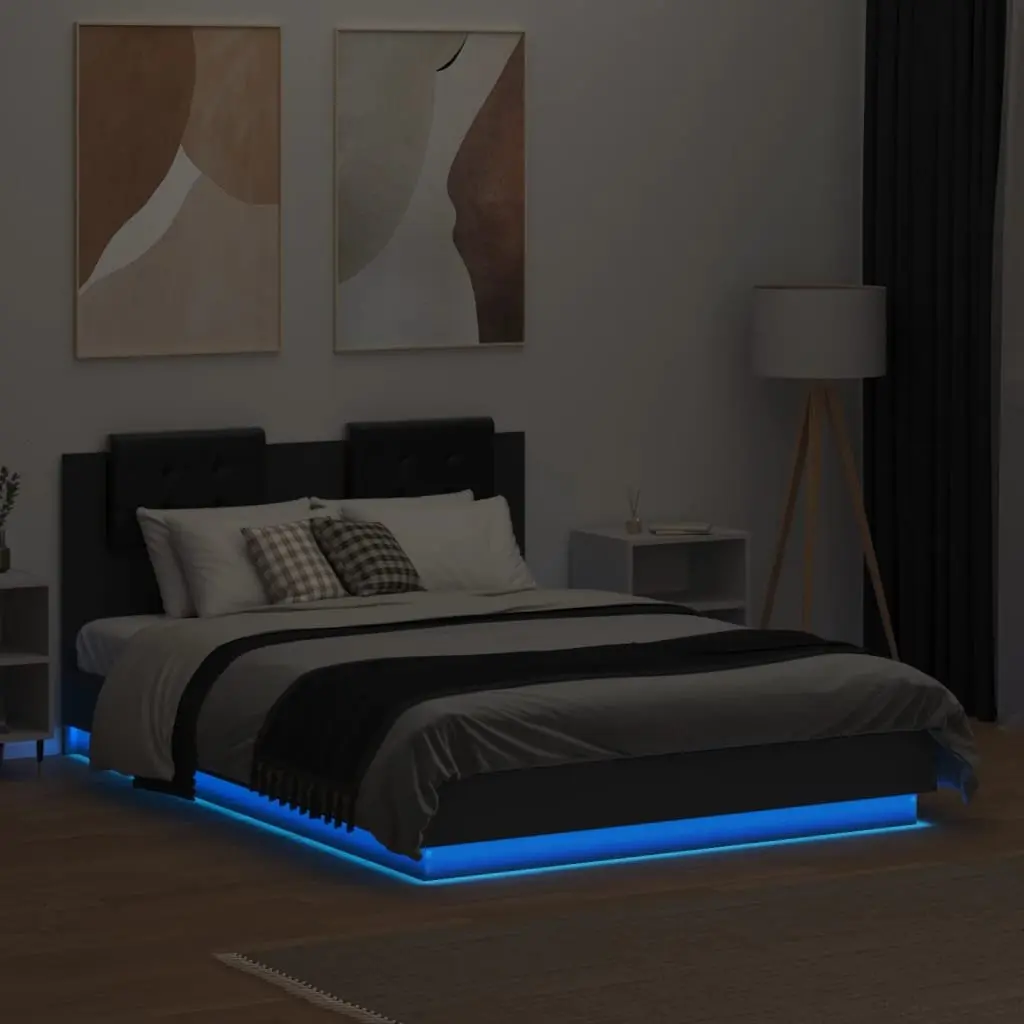 Bed Frame with RGB LED Lights Headboard 135x190cm Black Engineered Wood
