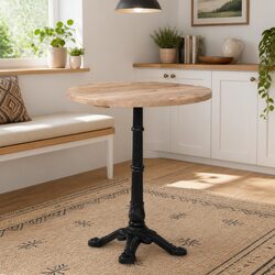 Round Bistro Table with Wooden Top and Cast Iron Base