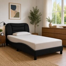 Black Fabric Bed Frame with LED Lighting and Slatted Base