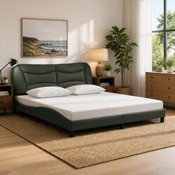 King Bed Frame with LED Lighting and Grey Fabric Headboard