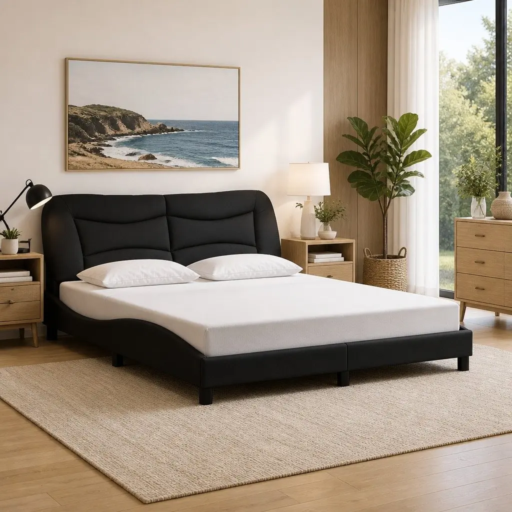 Queen Bed Frame Black Fabric with LED Lights Padded Headboard Support