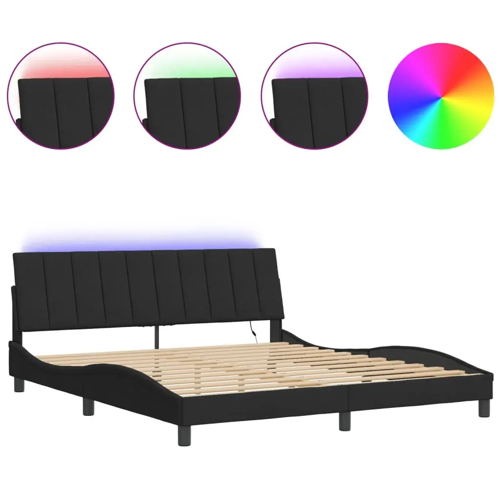 King Size Bed Frame Black Velvet Headboard with Slatted Base and Integrated LED Lights 180x200 cm