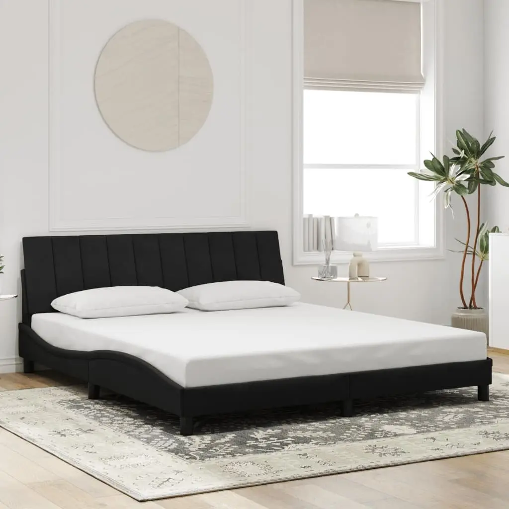 King Size Bed Frame Black Velvet Headboard with Slatted Base and Integrated LED Lights 180x200 cm