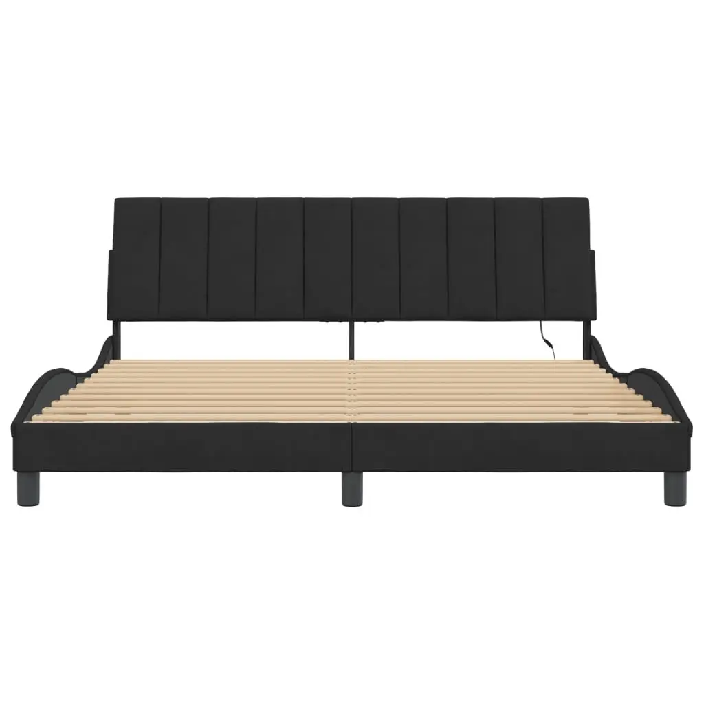 King Size Bed Frame Black Velvet Headboard with Slatted Base and Integrated LED Lights 180x200 cm