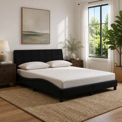 Queen Bed Frame with LED Lighting and Velvet Headboard 152x203 cm