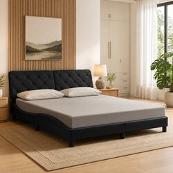 Queen Bed Frame with Integrated LED Lights and Velvet Headboard