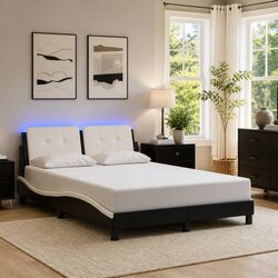Black White Faux Leather Bed Frame with LED Lights