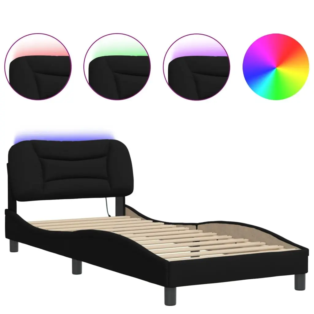 Bed Frame with LED Lights Slatted Base Support 90x190 cm Black Fabric Headboard