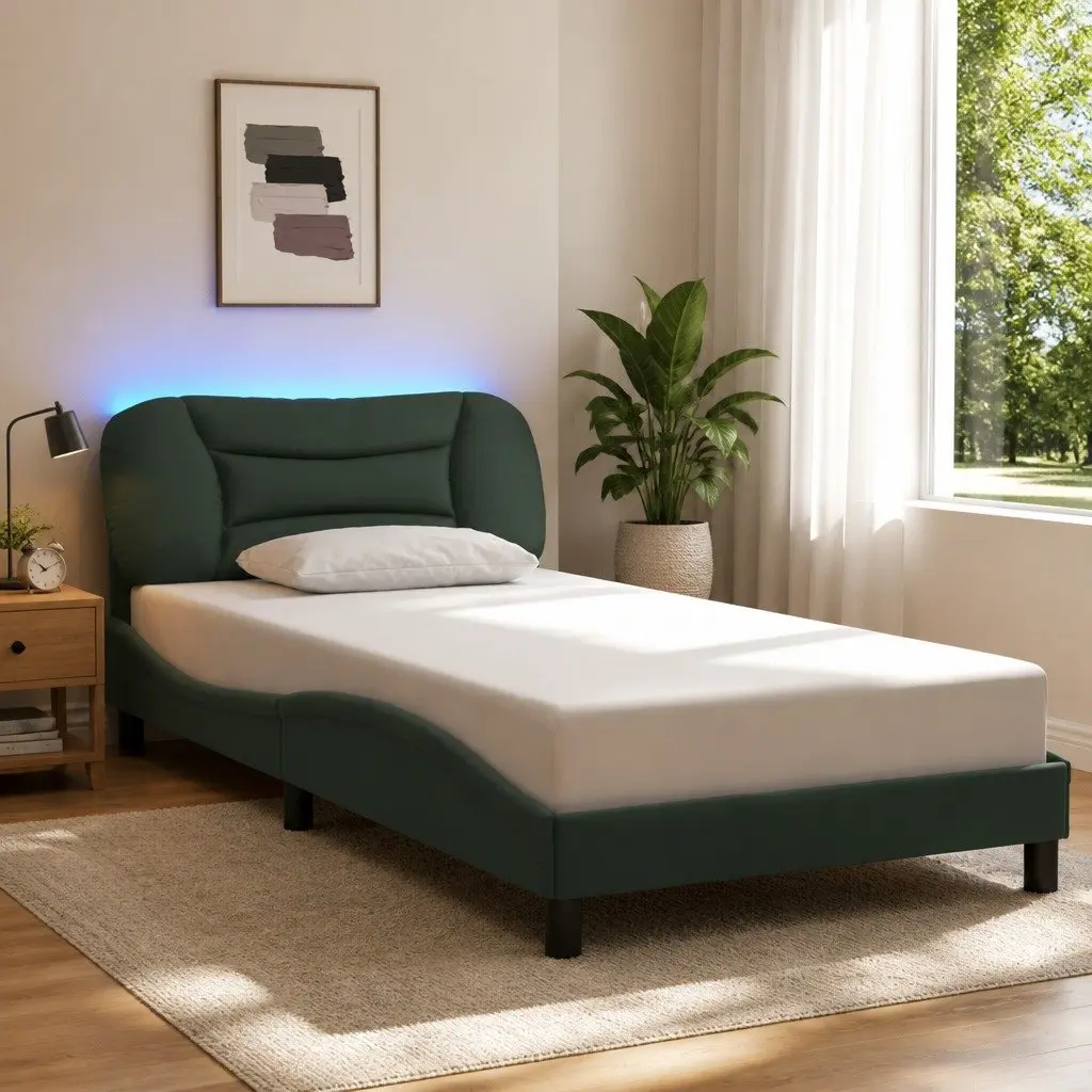 King Single Bed Frame with LED Lights Grey Fabric Headboard Plywood Slats