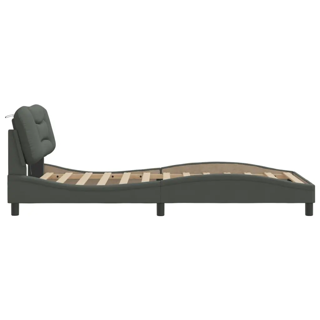 King Single Bed Frame with LED Lights Grey Fabric Headboard Plywood Slats