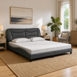 King Bed Frame with LED Lights and Grey Fabric Upholstery