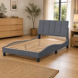 LED Light Bed Frame with Grey Velvet Headboard 90x190 cm