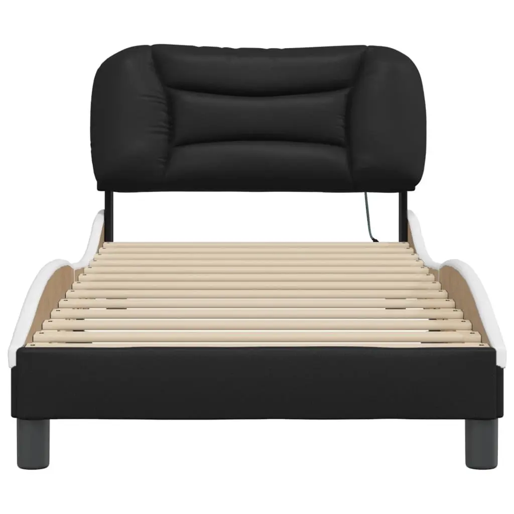 Bed Frame with LED Lights Faux Leather Slatted Base 90 x 190 cm Black White