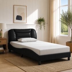 Black Bed Frame with LED Lights and Faux Leather Upholstery